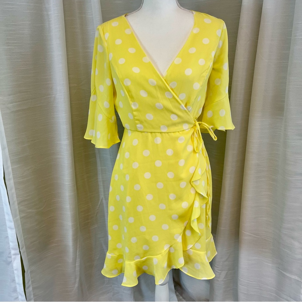 JUNE & HUDSON Yellow Polka Dot Dress Tie Waist Ruffle Hem Size Small